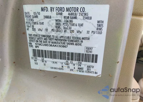 2010 Ford Escape Limited z USA, uszkodzony, nr VIN 1FMCU9EG6AKC93867